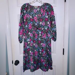 Umgee Floral V-Neck 3/4 Sleeve Satin Shift Dress